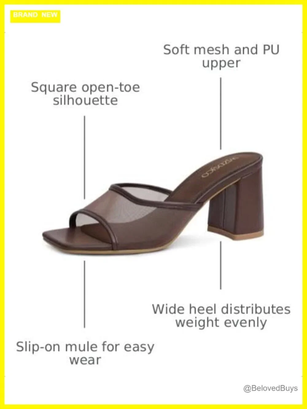 Women's Heeled Mesh Mules Square Toe Block Chunky Heel Slip On Slide Sandals